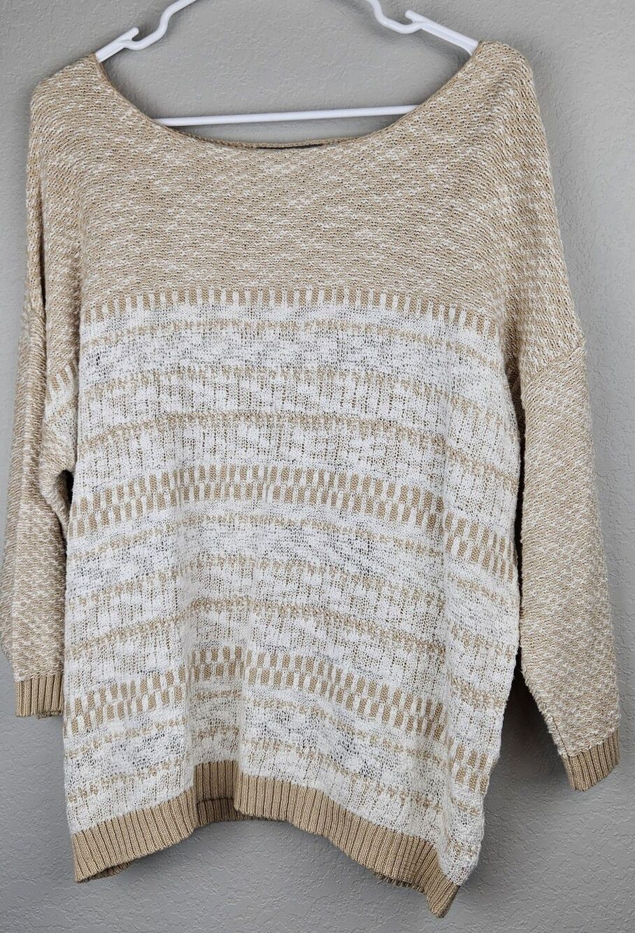 NY Collection Women's Large Beige & White Boat Neck Sweater Cotton Nylon